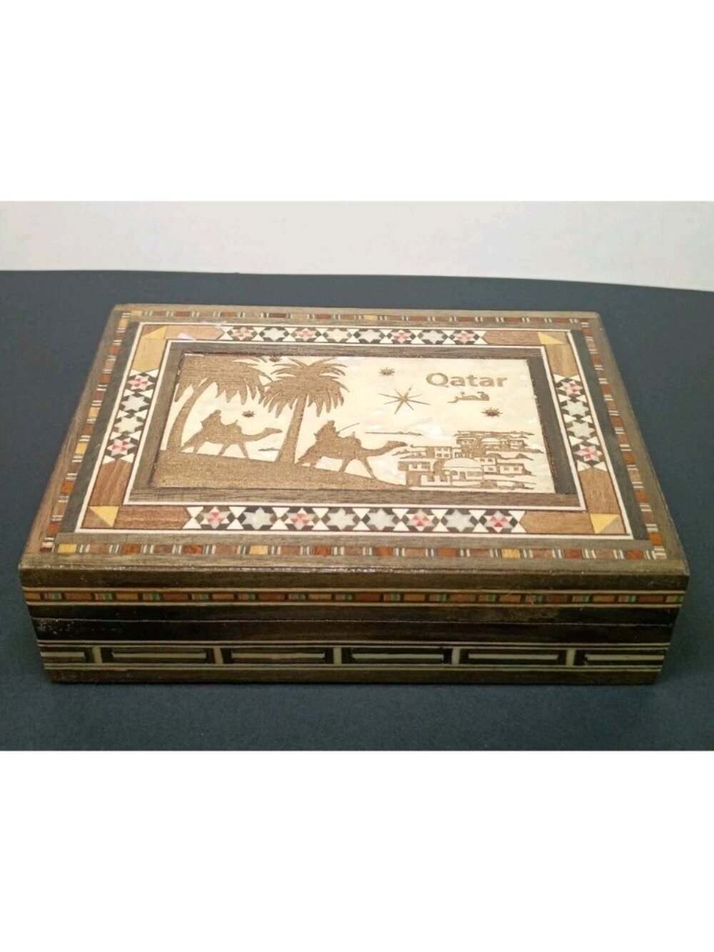 Vintage Middle Eastern Syrian Wood Micro Mosaic Khatam Inland Jewelry Box